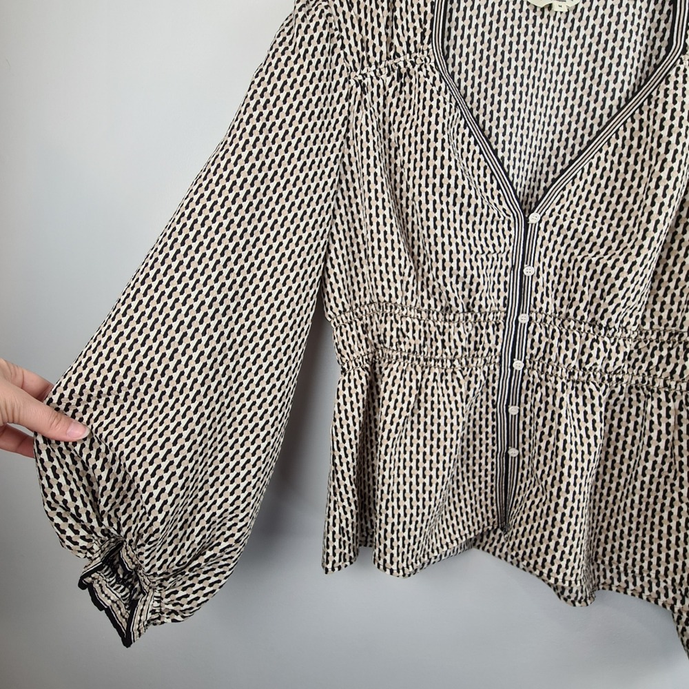 Max Studio London Womens Tan Black Geometric Peplum Balloon Sleeve Blouse M - Picture 2 of 8